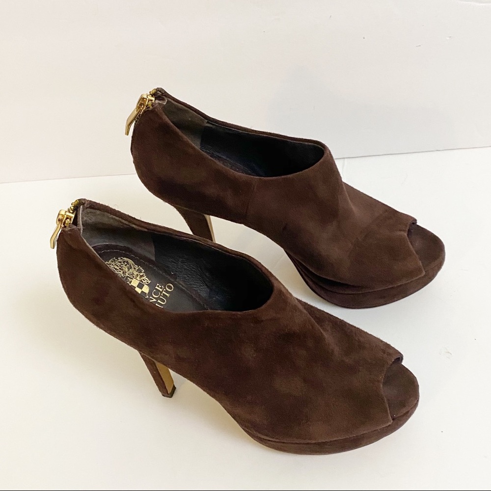 Vince Camuto Mac Brown Suede Peep Toe Bootie Heels - Picture 4 of 13
